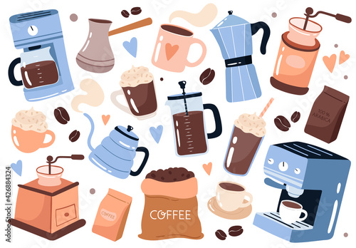 Coffee elements collection. Hand drawn cartoon style vector illustration. Coffee brewing equipment: Coffee machine, french press, grinder, moka. Cups and mugs. Collection for menu, cafe, coffee shop.
