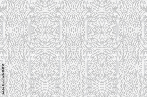 Geometric volumetric convex unique white background. Ethnic African, Mexican, Indian motives. Doodling style. 3D embossed pattern.