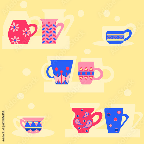 Seamless pattern with colored mugs of pink and blue color on yellow background. Vector illustration in doodle style.