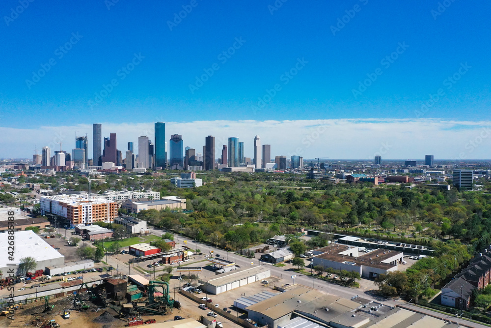 Downtown Houston, Texas on a beautiful sunny day - Iconic skyline view of the city