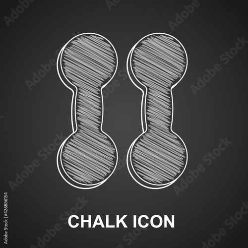 Chalk Dumbbell icon isolated on black background. Muscle lifting icon, fitness barbell, gym, sports equipment, exercise bumbbell. Vector