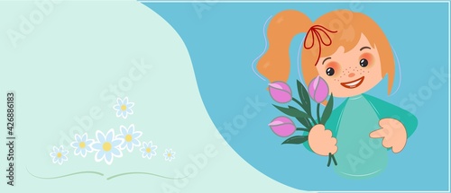 Gentle background for Mother's Day. Happy little girl with a bouquet of tulips in a frame. Cute childish emotions. Cartoon character. Vector illustration for greeting cards, social networks.