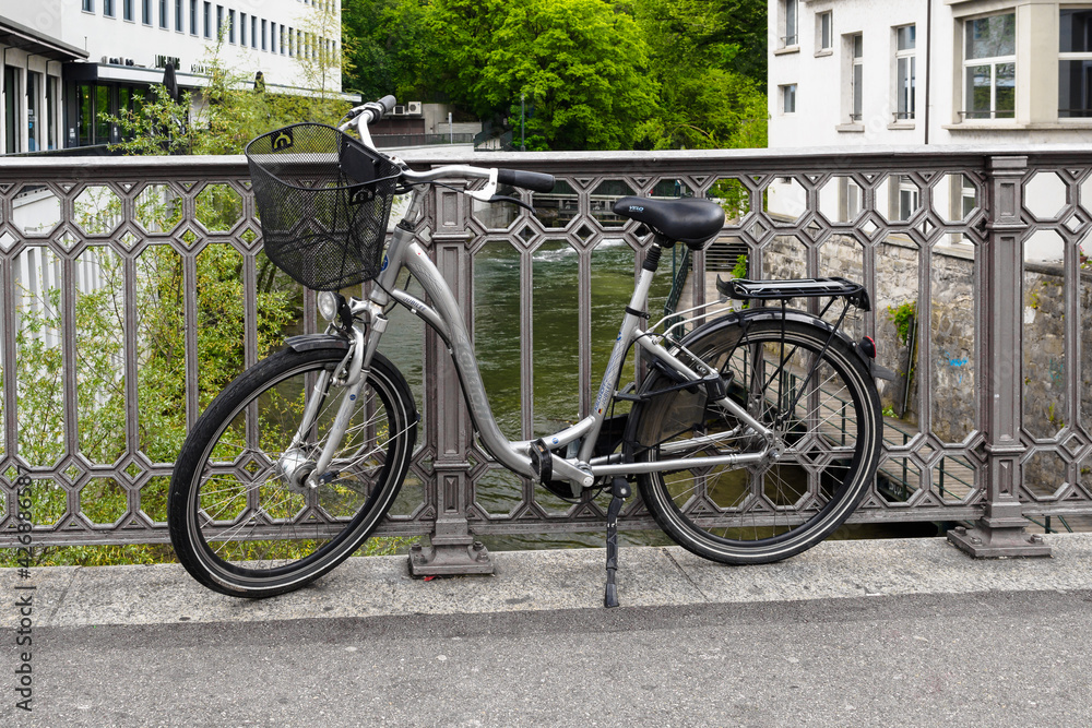 Bicycle on a pedestrian bridge in Zurich, Switzerland
