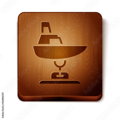 Brown Swing boat on the playground icon isolated on white background. Childrens carousel with boat. Amusement icon. Wooden square button. Vector