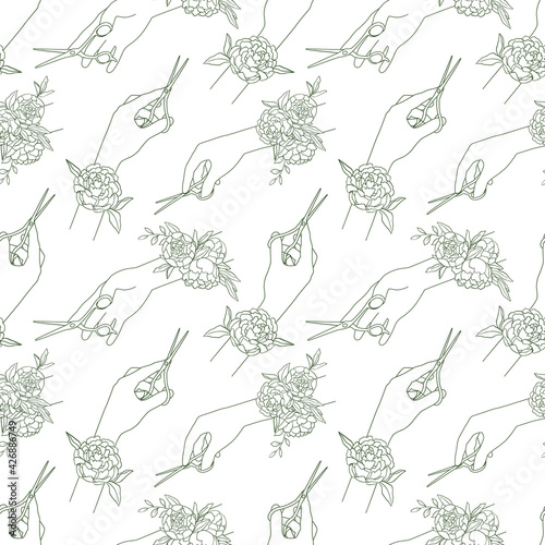 Seamless pattern for hair salon with hands, scissors and flowers. Vector illustration with outline, doodle, sketch