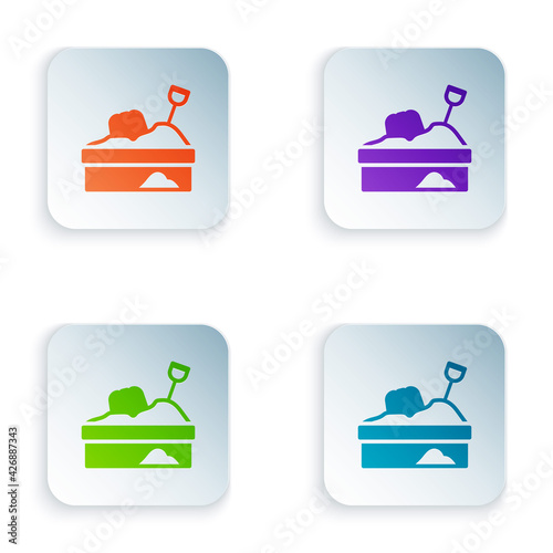 Color Sandbox with sand icon isolated on white background. Set colorful icons in square buttons. Vector