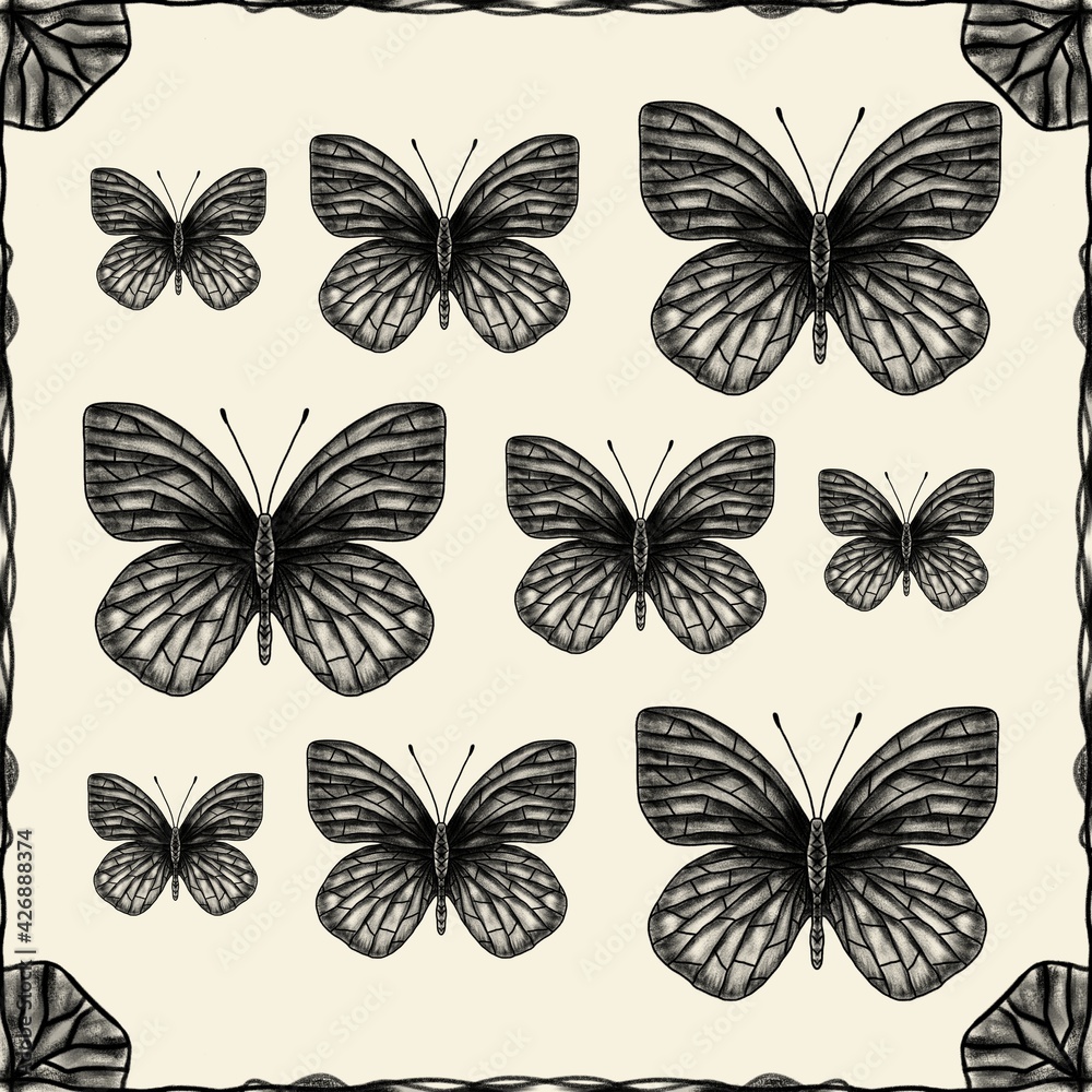 Naklejka Seamless butterfly pattern with elements, pattern. Bitmap illustration, digital imitation of a pencil. Design for wallpaper, fabrics, textiles.