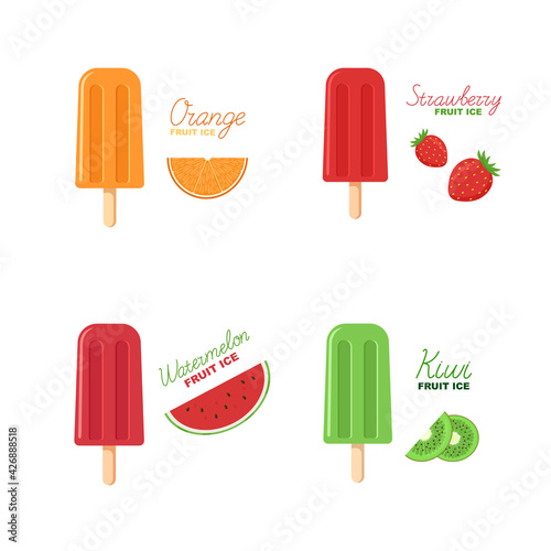 Set fruit ice. Strawberry, Orange, Watermelon and Kiwi popsicle on a stick. Lettering and picture