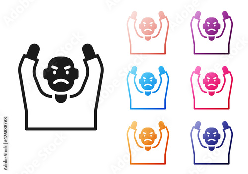 Black Thief surrendering hands up icon isolated on white background. Man surrendering with both hands raised in air. Set icons colorful. Vector