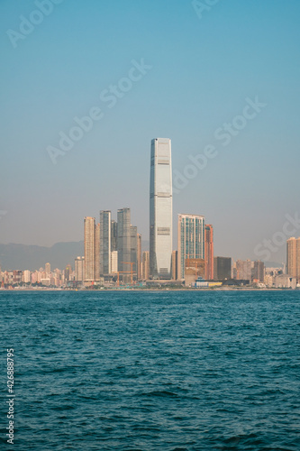 Modern skyscraper buildings in Kowloon Skyline, coast view and Hong Kong skyline
