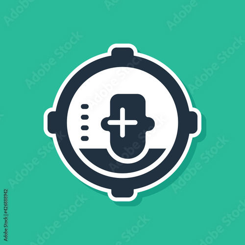 Blue Headshot icon isolated on green background. Sniper and marksman is shooting on the head of man, lethal attack, assault and assassination. Vector