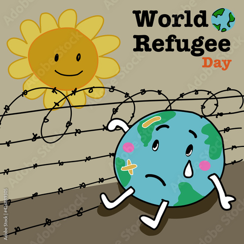 world Refugee day hand drawn cartoon vector ,the world sits sadly behind the fence of refugee camp .and see smiling happy flower outside the fence.