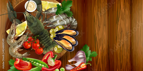 Seafood dish with lobster, king prawns, mussels and vegetables.
