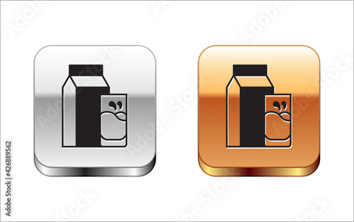 Black Paper package for kefir and glass icon isolated on white background. Dieting food for healthy lifestyle and probiotics fulfillment. Silver and gold square buttons. Vector