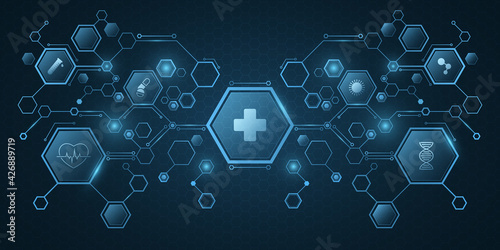 Medical science concept. Blue hexagon pattern with health care icons. Design for your ad, presentation, banner, template. Sci-fi futuristic background. Vector illustration.