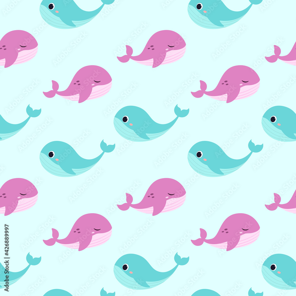 Cute whales seamless pattern. Vector print of purple and blue whale. On a blue background. Ocean Animals
Cute whales seamless pattern. Vector print of purple and blue whale. On a blue background. Ocean Animals