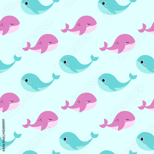 Cute whales seamless pattern. Vector print of purple and blue whale. On a blue background. Ocean Animals 