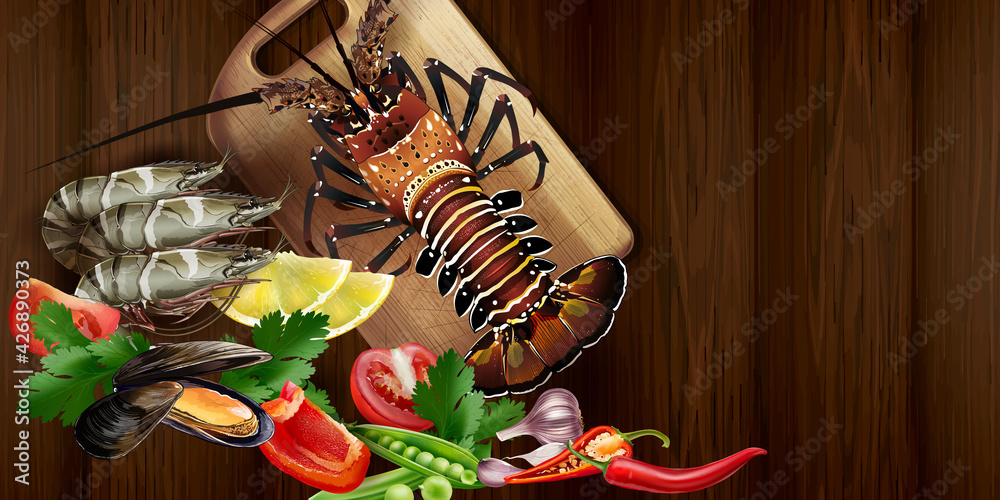 Naklejka premium Lobster and seafood on the kitchen table.