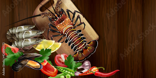 Lobster and seafood on the kitchen table.