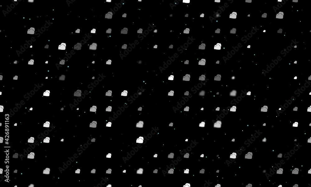 Seamless background pattern of evenly spaced white boxing gloves symbols of different sizes and opacity. Vector illustration on black background with stars