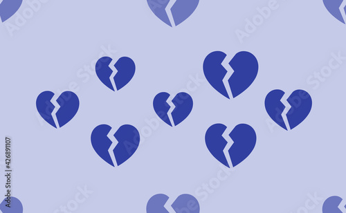 Seamless pattern of large isolated blue broken heart symbols. The pattern is divided by a line of elements of lighter tones. Vector illustration on light blue background