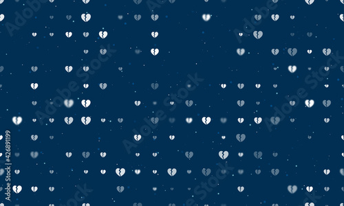 Seamless background pattern of evenly spaced white broken heart symbols of different sizes and opacity. Vector illustration on dark blue background with stars