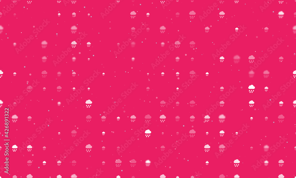 Seamless background pattern of evenly spaced white rain symbols of different sizes and opacity. Vector illustration on pink background with stars