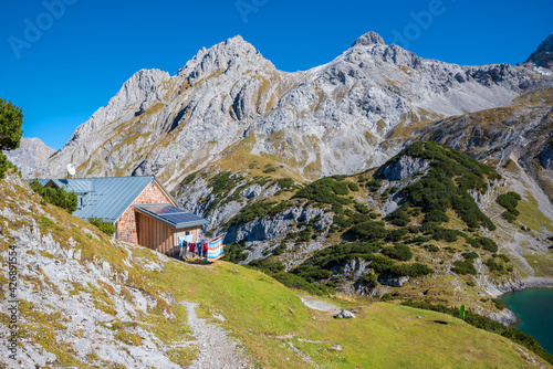 mountain lodge Coburger Huette, above lake Drachensee, hiking area Ehrwald austria