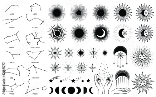 Hand drawn set of mystical Sun with woman`s face, moon, hand, zodiac symbol, star in line art. Spiritual celestial space, constellation, horoscope, astrology, magic galaxy talisman vector illustration