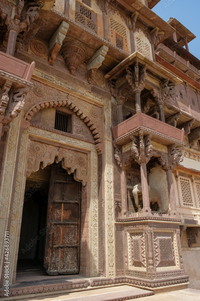 Detail of the Jahangir Mahal Palace in Orchha, Madhya Pradesh, India.