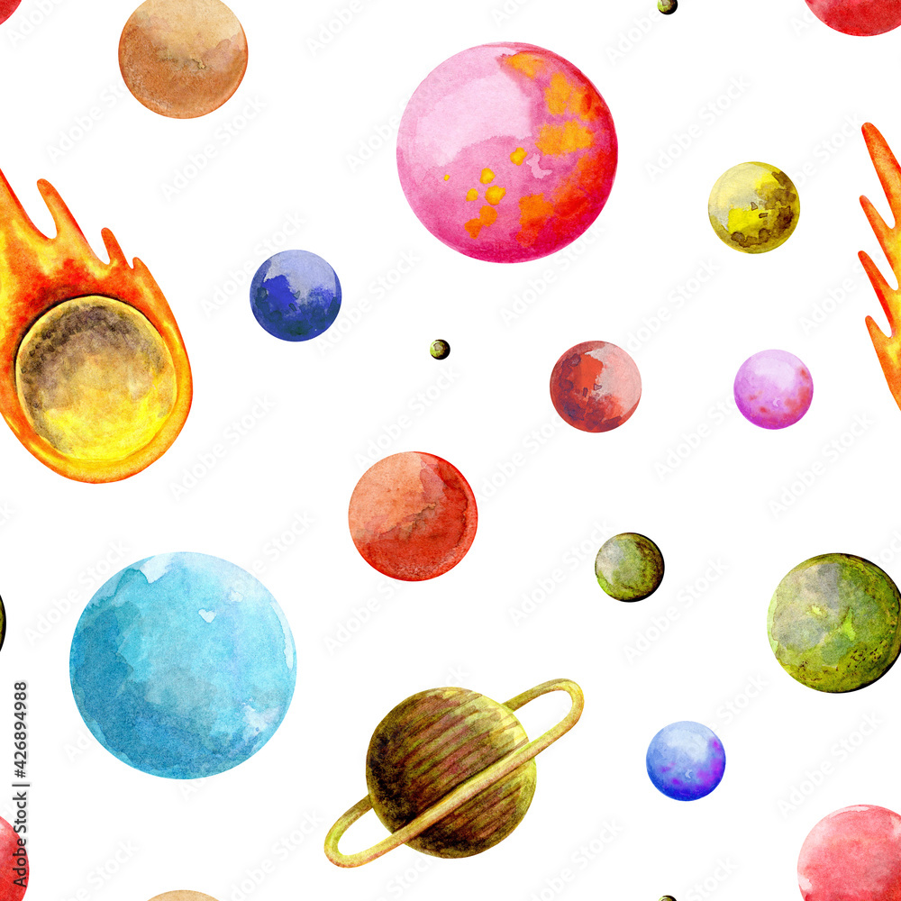 Seamless pattern, cosmic planets. Hand drawn watercolor illustration on white background. Space, celestial bodies, meteorites and satellites. Design for card decoration.