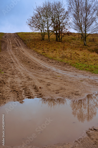 A muddy puddle and a dirt road at a moor. Picture from Revingehed, Scania county, Sweden photo