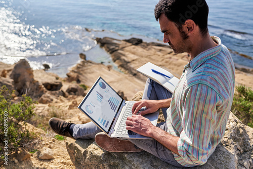 Canvas-taulu A young man works remotely with the sea in the background