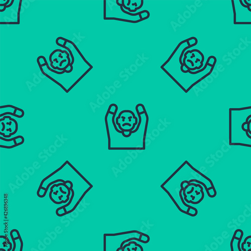 Blue line Thief surrendering hands up icon isolated seamless pattern on green background. Man surrendering with both hands raised in air. Vector
