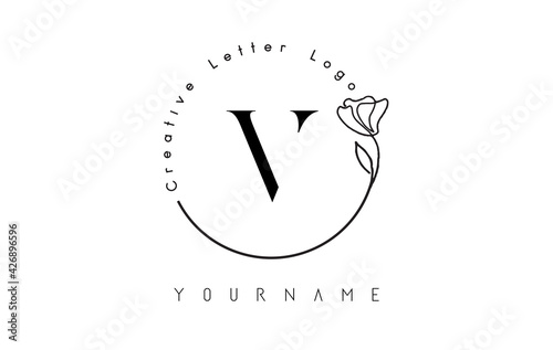 Creative initial letter V logo with lettering circle hand drawn flower element and leaf.