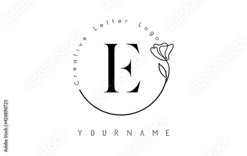 Creative initial letter E logo with lettering circle hand drawn flower element and leaf.