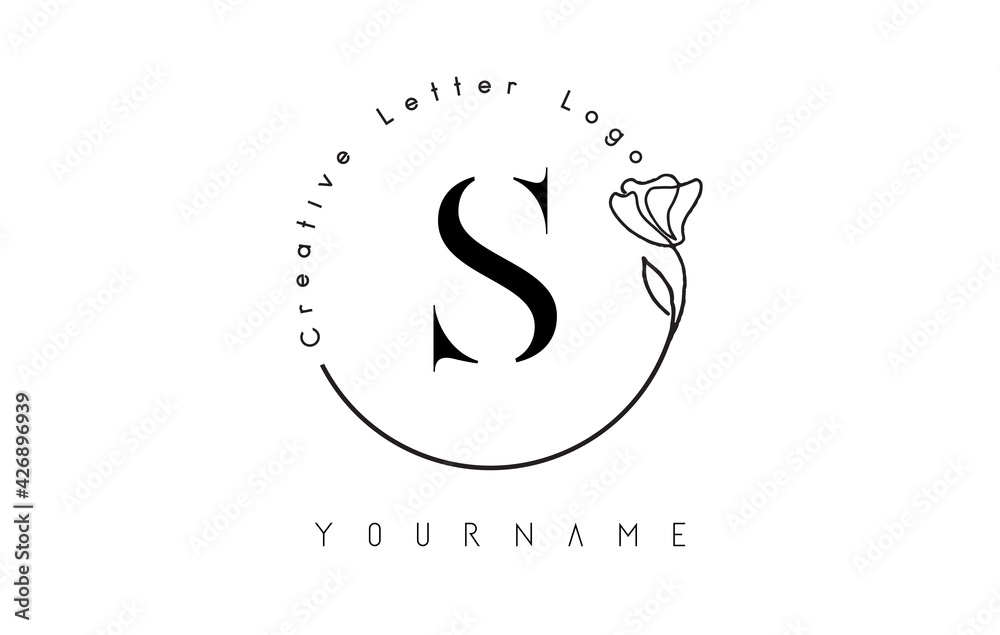 Fototapeta premium Creative initial letter S logo with lettering circle hand drawn flower element and leaf.