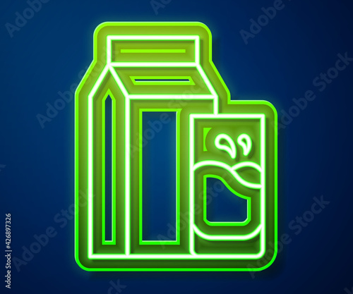 Glowing neon line Paper package for kefir and glass icon isolated on blue background. Dieting food for healthy lifestyle and probiotics fulfillment. Vector