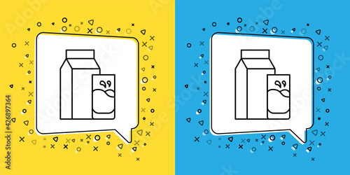 Set line Paper package for kefir and glass icon isolated on yellow and blue background. Dieting food for healthy lifestyle and probiotics fulfillment. Vector