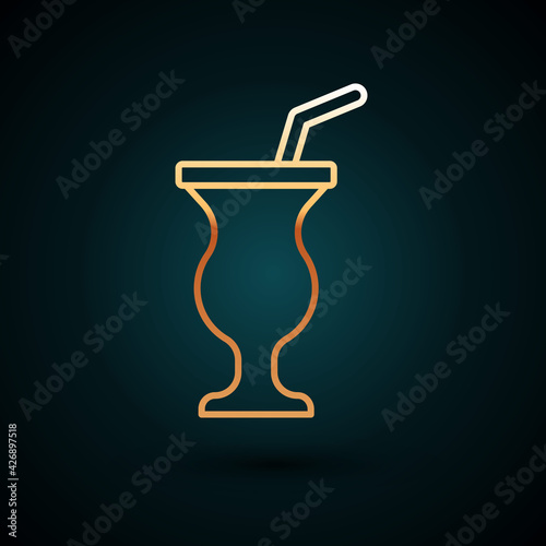 Gold line Milkshake icon isolated on dark blue background. Plastic cup with lid and straw. Vector