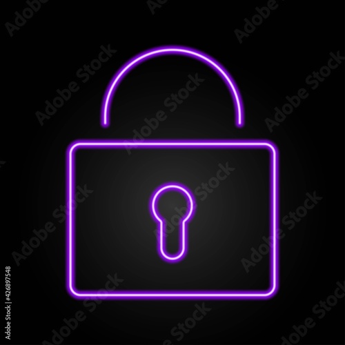 Padlock hinged neon sign, modern glowing banner design, colorful modern design trend on black background. Vector illustration.