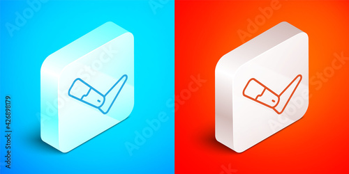 Isometric line Prosthesis leg icon isolated on blue and red background. Futuristic concept of bionic leg, robotic mechanical leg. Silver square button. Vector