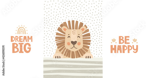 Set of vector illustrations. Cute lion on a textured background. Strip and dot. Handwritten lettering and decorative elements. Dream big and be happy lettering. Postcard, poster in Scandinavian style.
