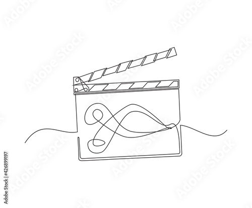 Continuous line drawing of movie clapper board and film reel. Cutting movie concept.