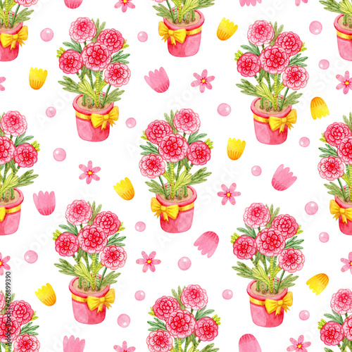 Cute girly pattern with stylized watercolor flowers on white background. Floral seamless pattern with a picture of pink flowers in a pot.