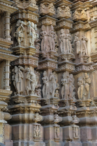 Detail of the Vamana Temple in Khajuraho, Madhya Pradesh, India. Forms part of the Khajuraho Group of Monuments, a UNESCO World Heritage Site.