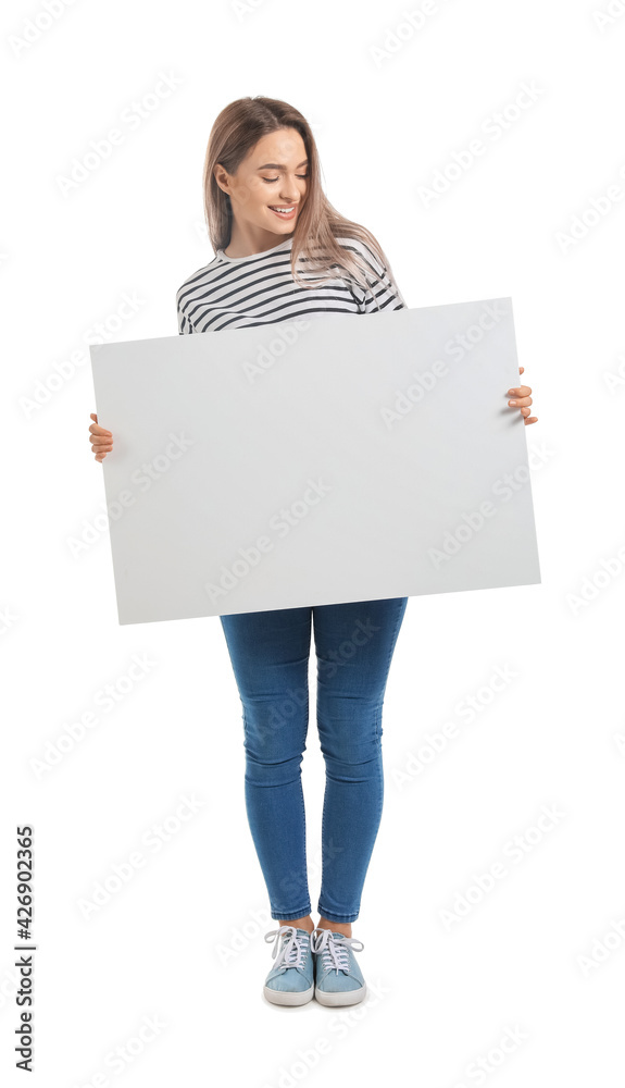 Beautiful young woman with blank poster on white background Beautiful young woman with blank poster on white background