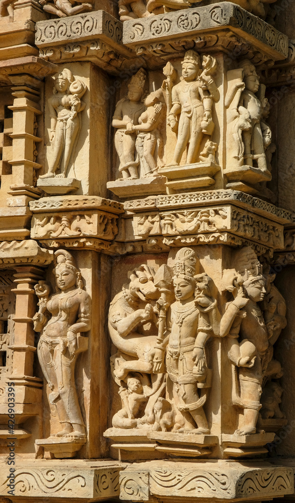 Detail of the Parsvanath Temple in Khajuraho, Madhya Pradesh, India. Forms part of the Khajuraho Group of Monuments, a UNESCO World Heritage Site.