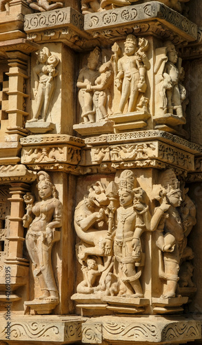 Detail of the Parsvanath Temple in Khajuraho, Madhya Pradesh, India. Forms part of the Khajuraho Group of Monuments, a UNESCO World Heritage Site.