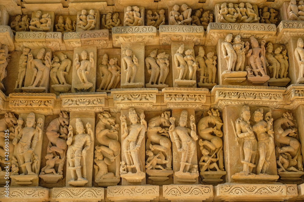 Detail of the Parsvanath Temple in Khajuraho, Madhya Pradesh, India. Forms part of the Khajuraho Group of Monuments, a UNESCO World Heritage Site.